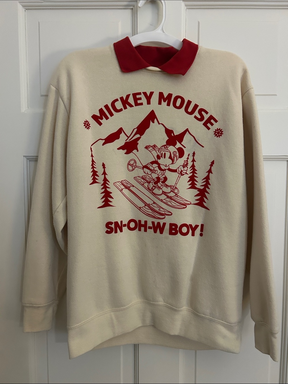 Disney Cream Crewneck Sweatshirt with Red Mickey Ski Graphic